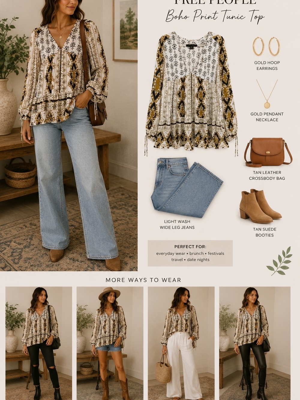 Free People Boho Tunic Top — Cream, Gold & Black Print